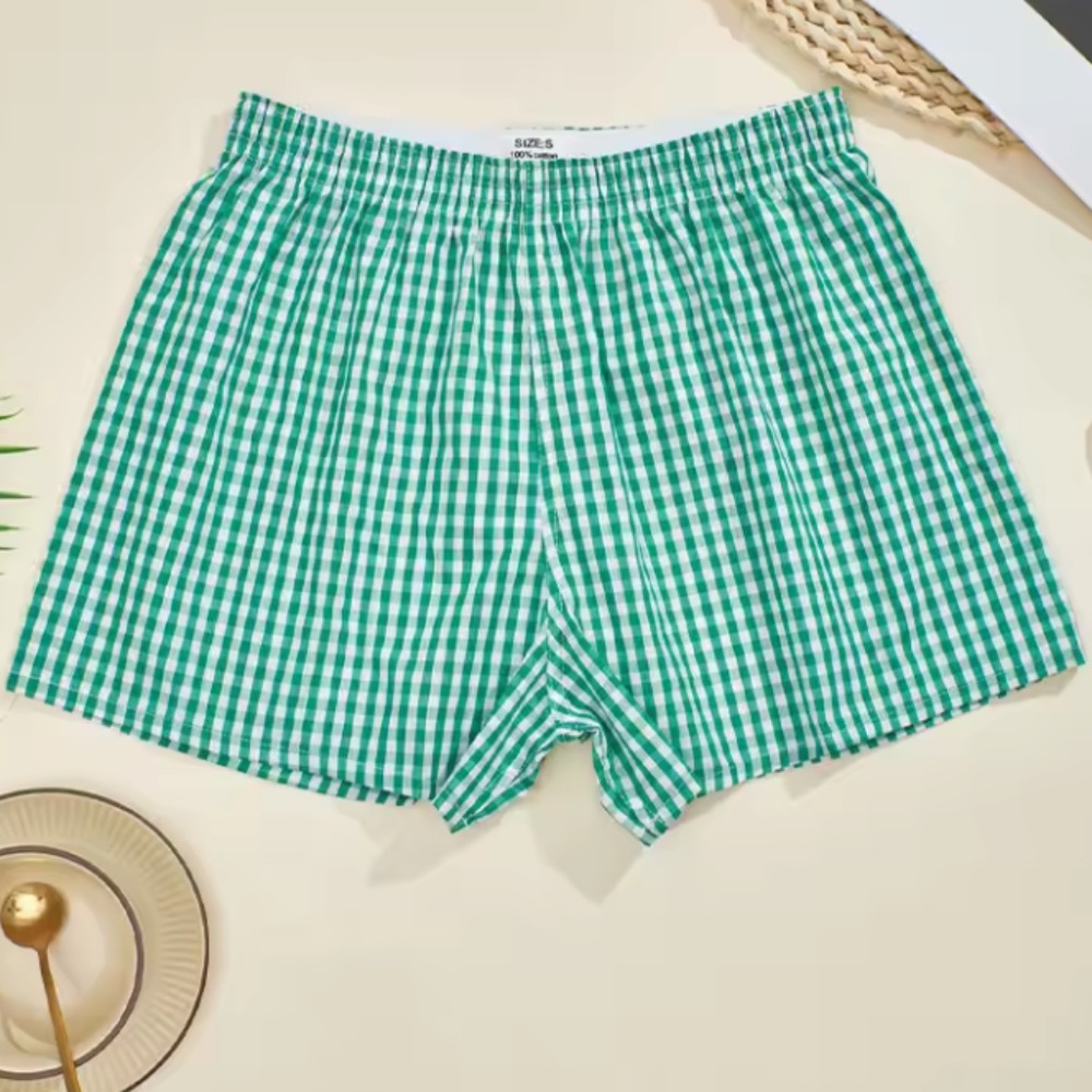 Green Cotton Plaid Shorts